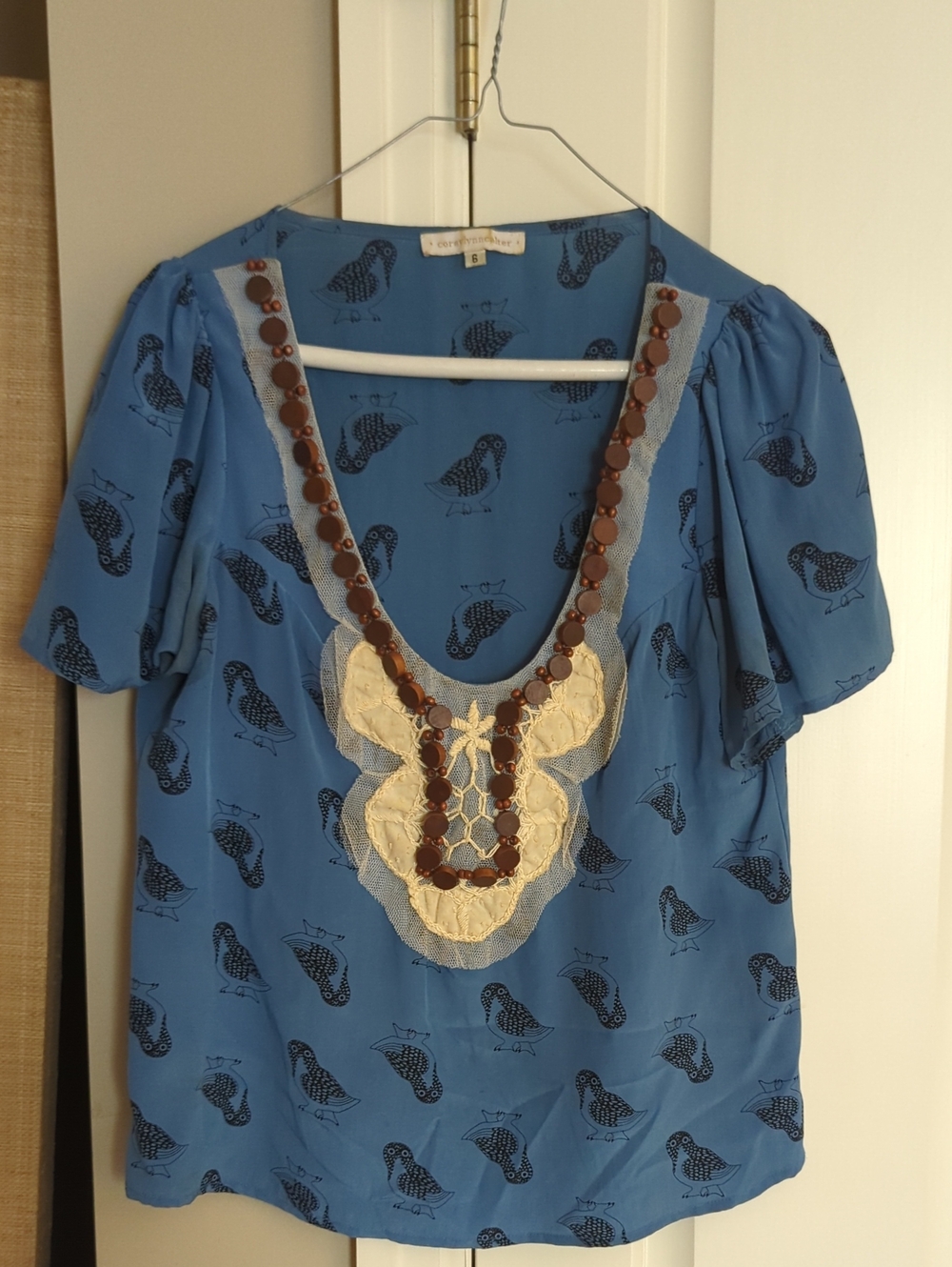 Corey Lynn Calter Blue Bird-Print Scoop Neck Top with Cream Lace